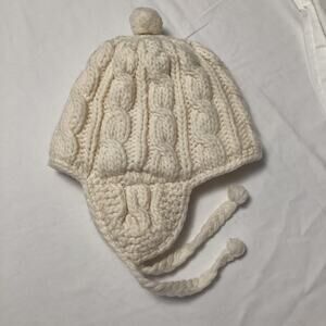 Cream Winter Hat Ear Flaps Tassels Pom Pom Fleece Lined Handknit South America